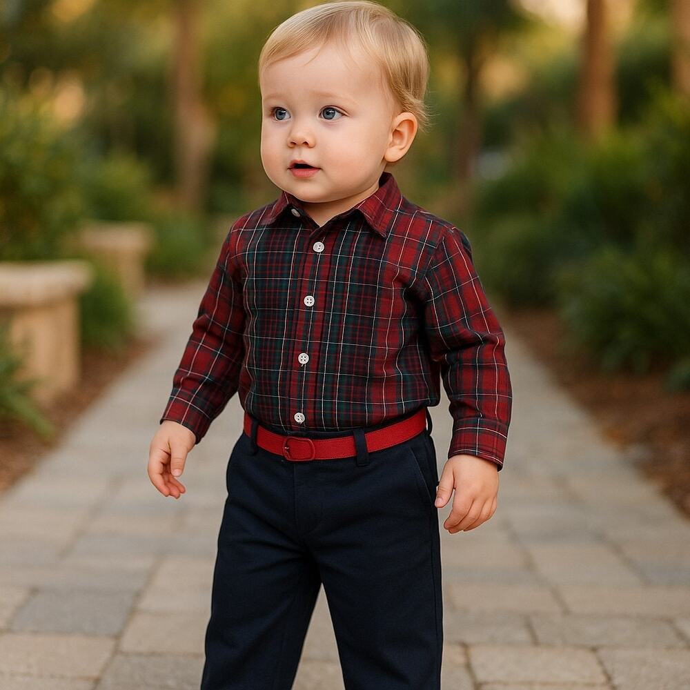 Chaps Boys Outfit Size 6 Months Navy Blue Red‎ Plaid Shirt Pants NEW